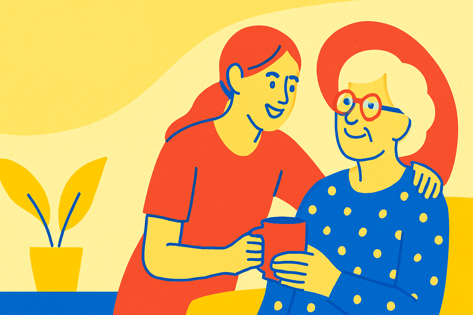 Illustration einer pflegenden Angehörigen mit älterer Person