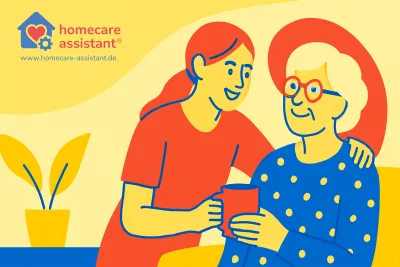 Illustration einer pflegenden Angehörigen mit älterer Person, Logo und Webadresse des Homecare Assistant